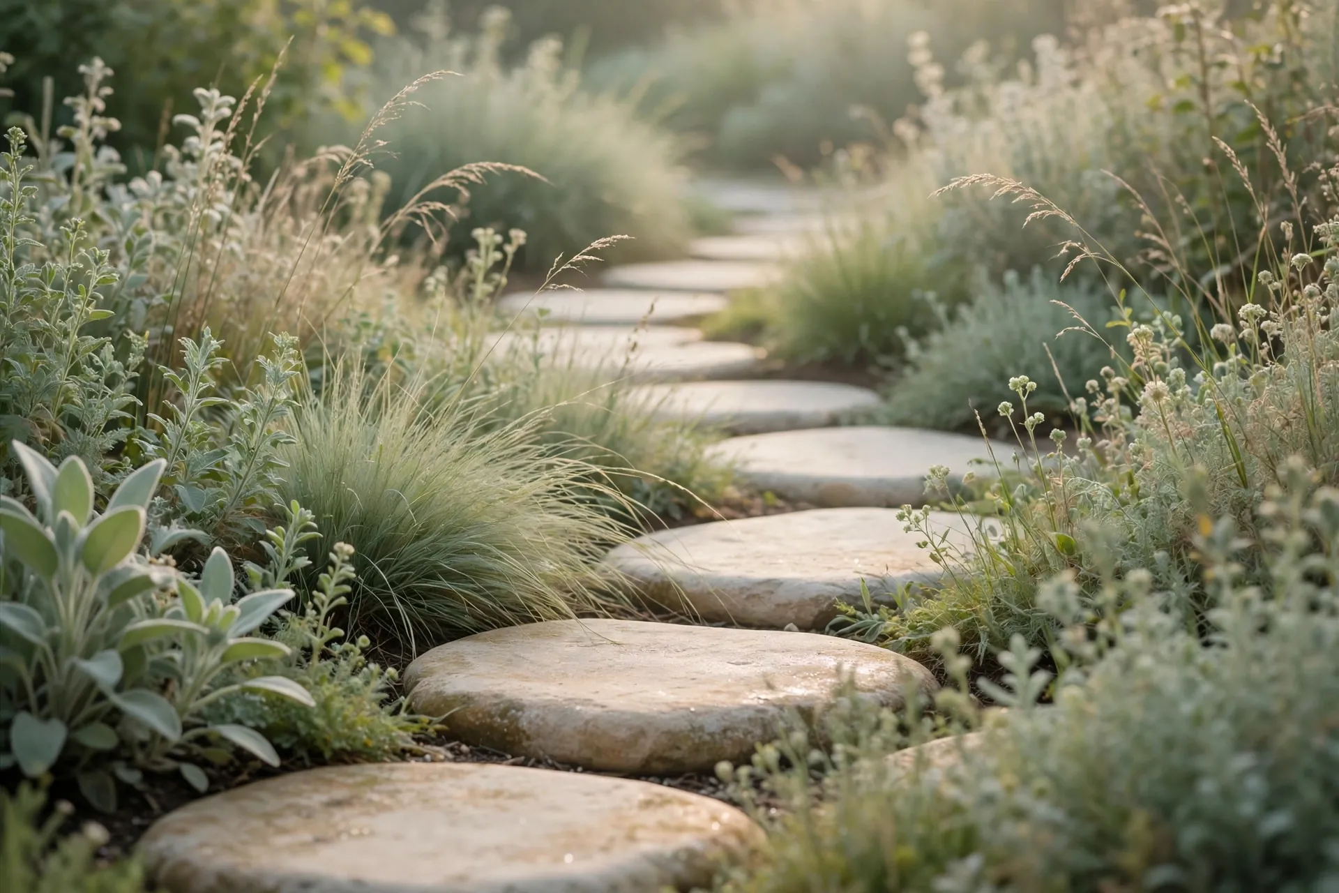Smooth stepping stones on a quiet garden path through soft sage-green planting